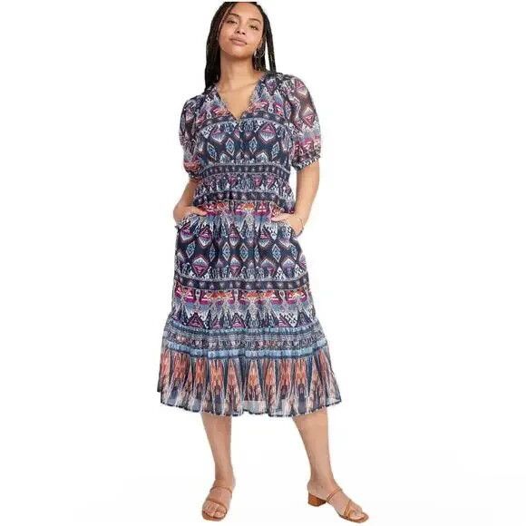 Old‎ Navy Dress Boho Women XXL Short Sleeve V Neck Empire Waist Aztec Midi - Picture 1 of 15